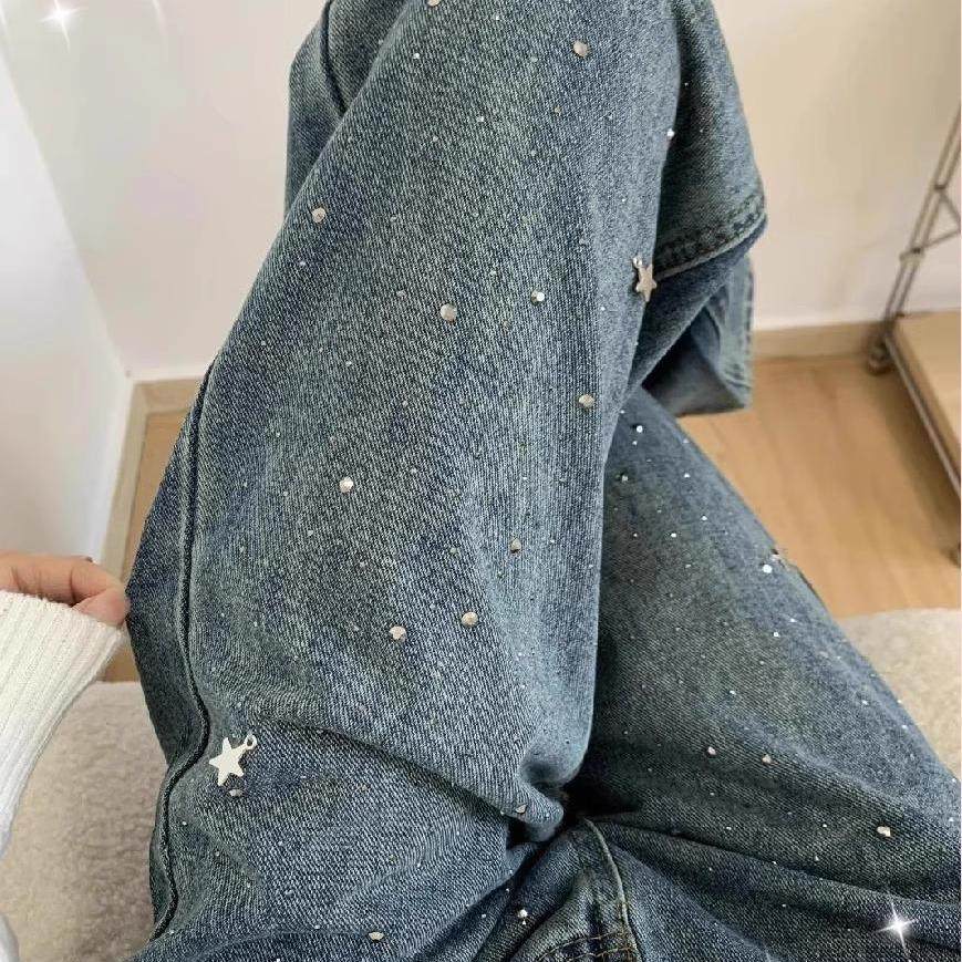 复古烫钻牛仔裤女2026年春季新款高级感时尚百搭显瘦直筒阔腿裤子