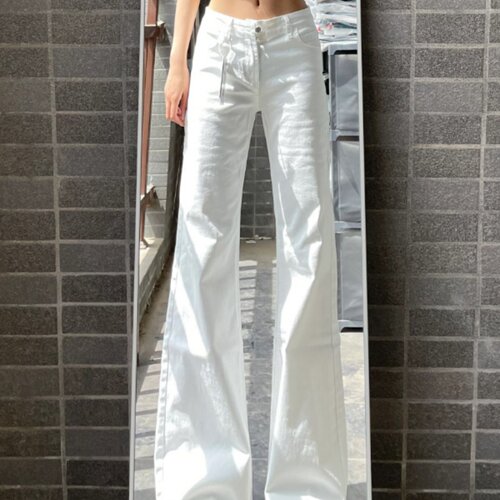 白色微喇叭牛仔裤女夏季新款高腰显瘦初中高中学生直筒阔腿长裤子