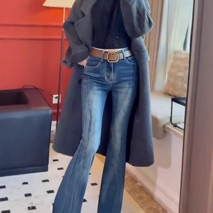设计感高腰微喇牛仔裤女秋冬2025新款加绒加厚修身显瘦拖地喇叭裤