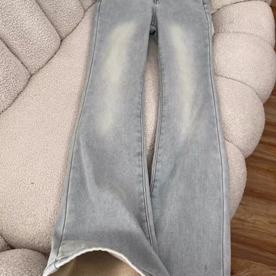 浅色加绒加厚微喇叭牛仔裤女2025冬季新款高腰显瘦遮胯弹力马蹄裤