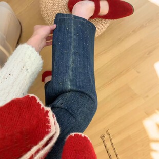 深蓝色带钻牛仔裤女2026新款小个子满天星烫钻裤子胖mm大码直筒裤