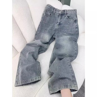 烫钻Bulingling微闪牛仔裤女2026年流行浅色小众宽松阔腿直筒长裤