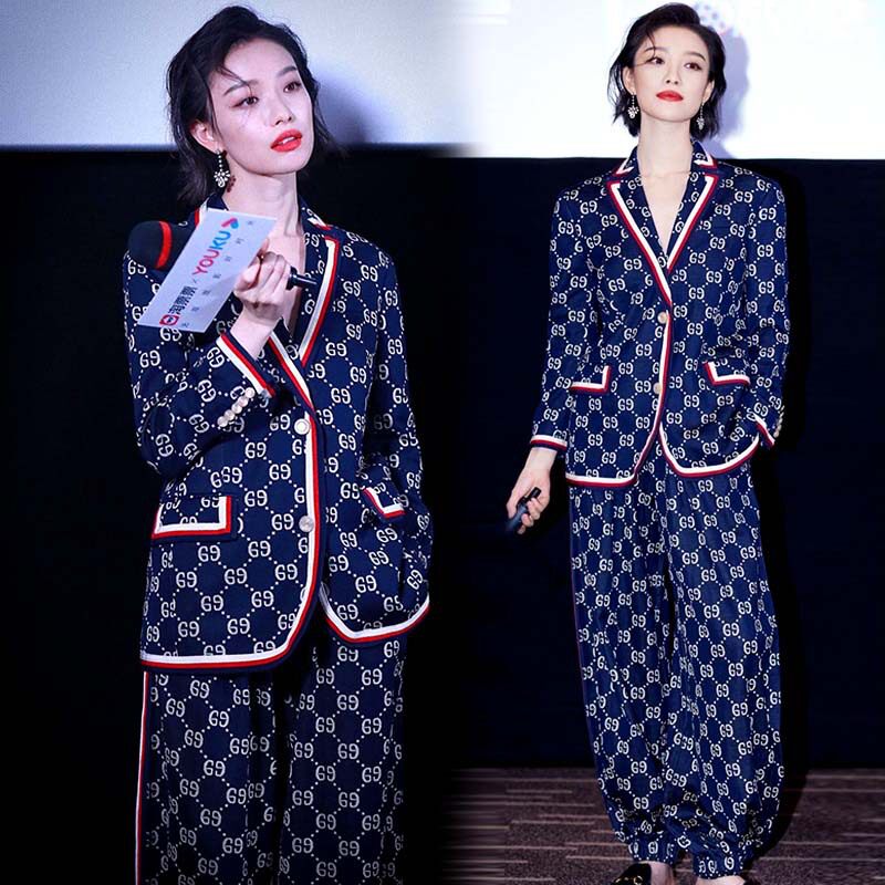 深蓝冰丝印花西装女2025春装新款休闲时尚睡衣女两件套装可外穿