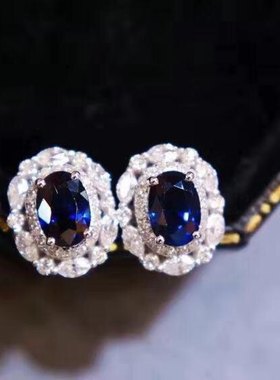 天然斯里兰卡蓝宝石耳钉，皇家蓝，4*6mm，S925银精工镶嵌