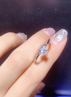 天然极美全净海蓝宝戒指，电镀18k白金宝石规格4x6mm520礼物
