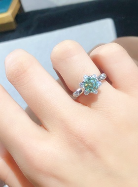 蓝绿色莫桑钻戒指 主石单颗0.8克拉，圆6mm s925银精工镶嵌