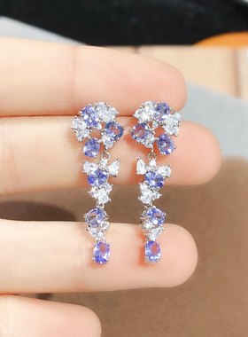 【地大珠宝】天然坦桑石耳坠！妖艳紫 全净体，爆闪火彩，925银，