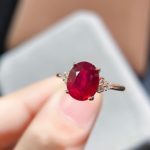 【中国地质大学珠宝】新烧红宝石戒指 火彩爆闪8*10mm，s925银