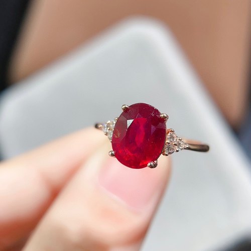 【中国地质大学珠宝】新烧红宝石戒指 火彩爆闪8*10mm，s925银