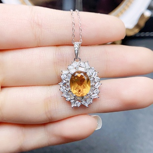 天然黄水晶吊坠,晶体全净,强力招财,S925银精工镶8*10mm土属性