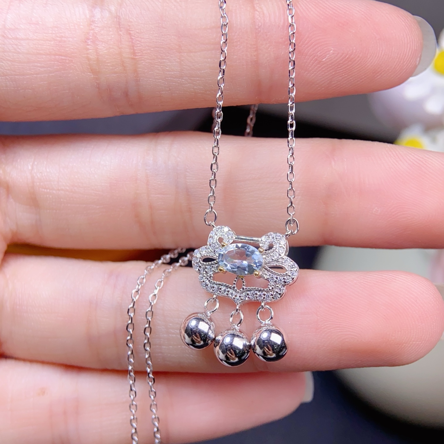 海蓝宝项链，晶体干净！主石4*6mm；s925银镶嵌