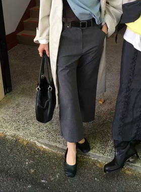 韩式宽松腰条纹休闲裤女夏季灰色九分裤显瘦百搭直筒裤小个子女士