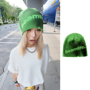 BEAMLIFE25AW原创设计韩版反边字母果绿色针织帽喷墨毛线冷帽子潮