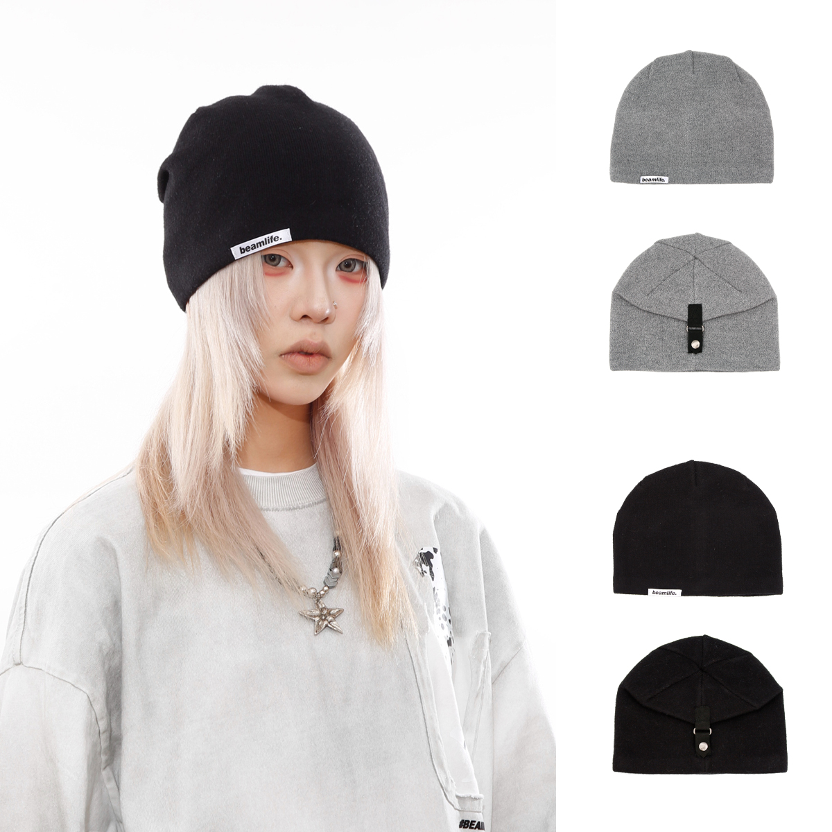 韩版设计字母灰色针织包头帽