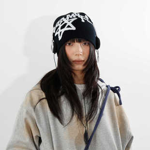 BEAMLIFE24AW秋冬韩版 复古冷帽子五角星针织毛线帽提花护耳帽 美式