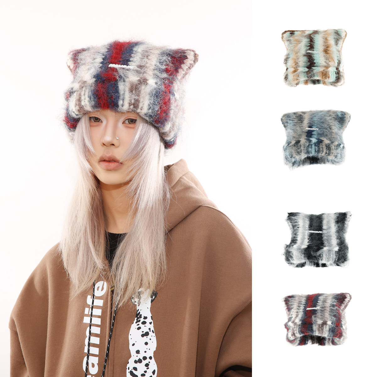 个性混色拉毛毛线帽猫耳朵针织帽