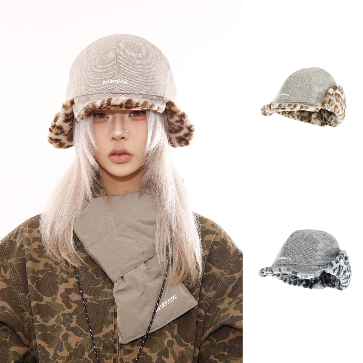 毛呢保暖飞行帽豹纹加绒护耳帽