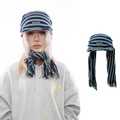 BEAMLIFE25AW秋冬小众新款 条纹绑带围巾一体帽男女护耳保暖鸭舌帽