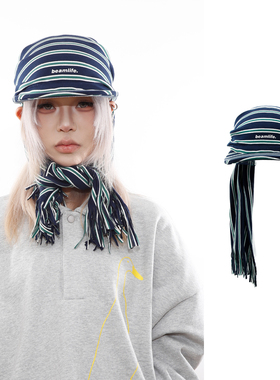 BEAMLIFE25AW秋冬小众新款条纹绑带围巾一体帽男女护耳保暖鸭舌帽