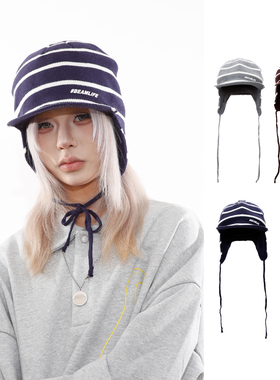 BEAMLIFE25AW秋冬原创设计日系复古条纹针织飞行帽男女雷锋护耳帽