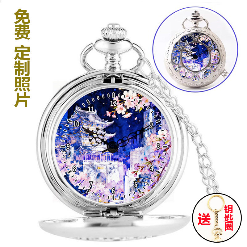 DIY数字油画古建筑樱花夜景镂空大怀表中学生电子石英表来图定制