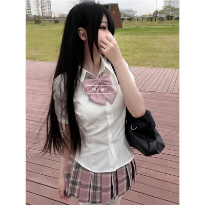 外穿白桃香原创jk制服套装衬衫女学生辣妹收腰显瘦衬衣格裙三件套