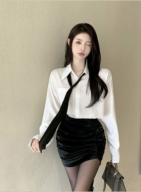 雪纺衬衫女法式春秋设计感小众别致领带衬衣2022新款白色长袖上衣