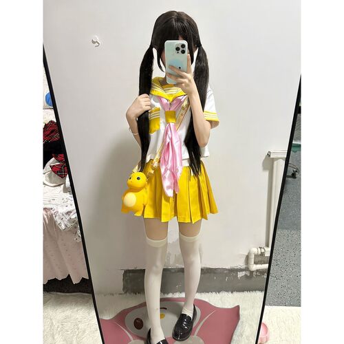 日系JK制服黄三本水手服短袖上衣女夏季软妹可爱套装短裙三件套