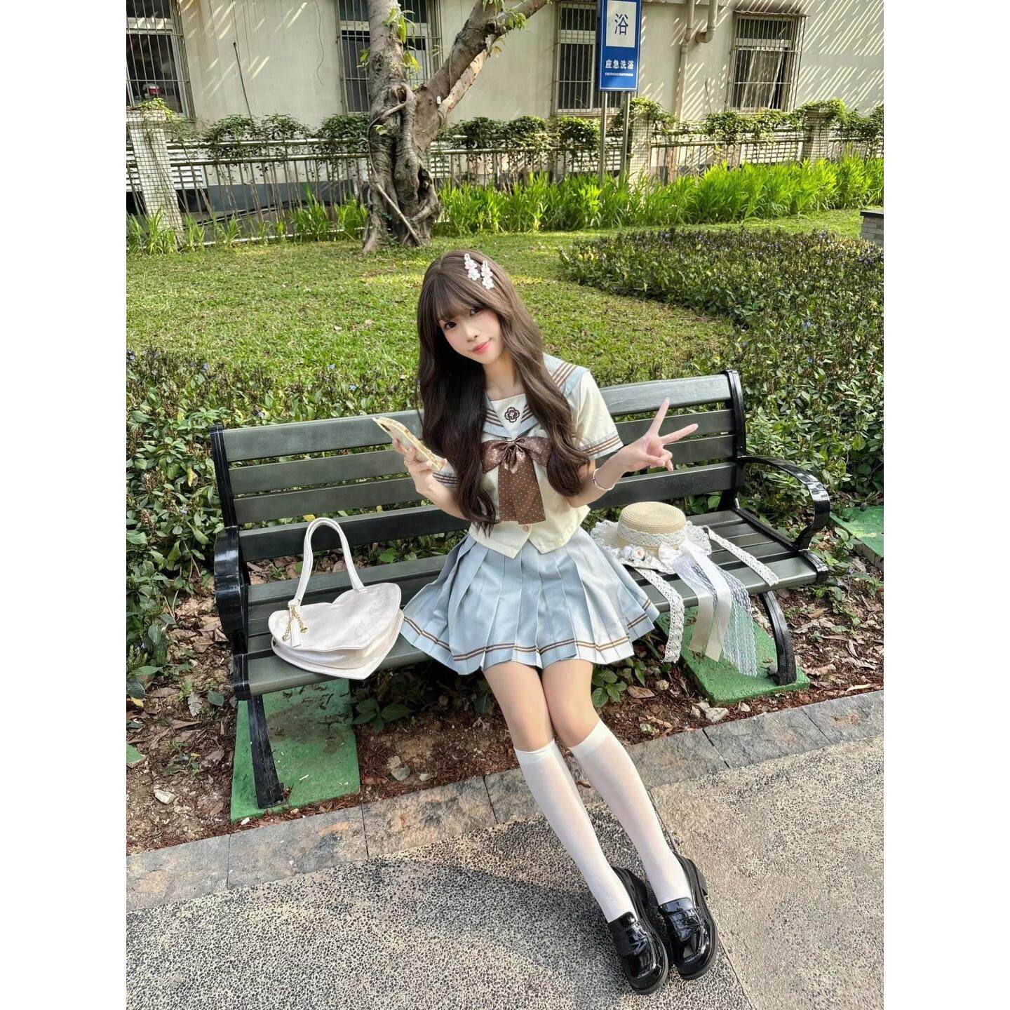 jk制服套装水手服日系春夏少女风薄荷奶绿短袖萌款中间服三件套