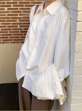白色衬衫女法式秋冬宽松中长款设计感小众内搭打底衬衣长袖上夏潮