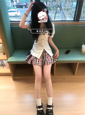 【白桃香】原创jk制服套装衬衫女学生绑带收腰显瘦衬衣格裙三件套