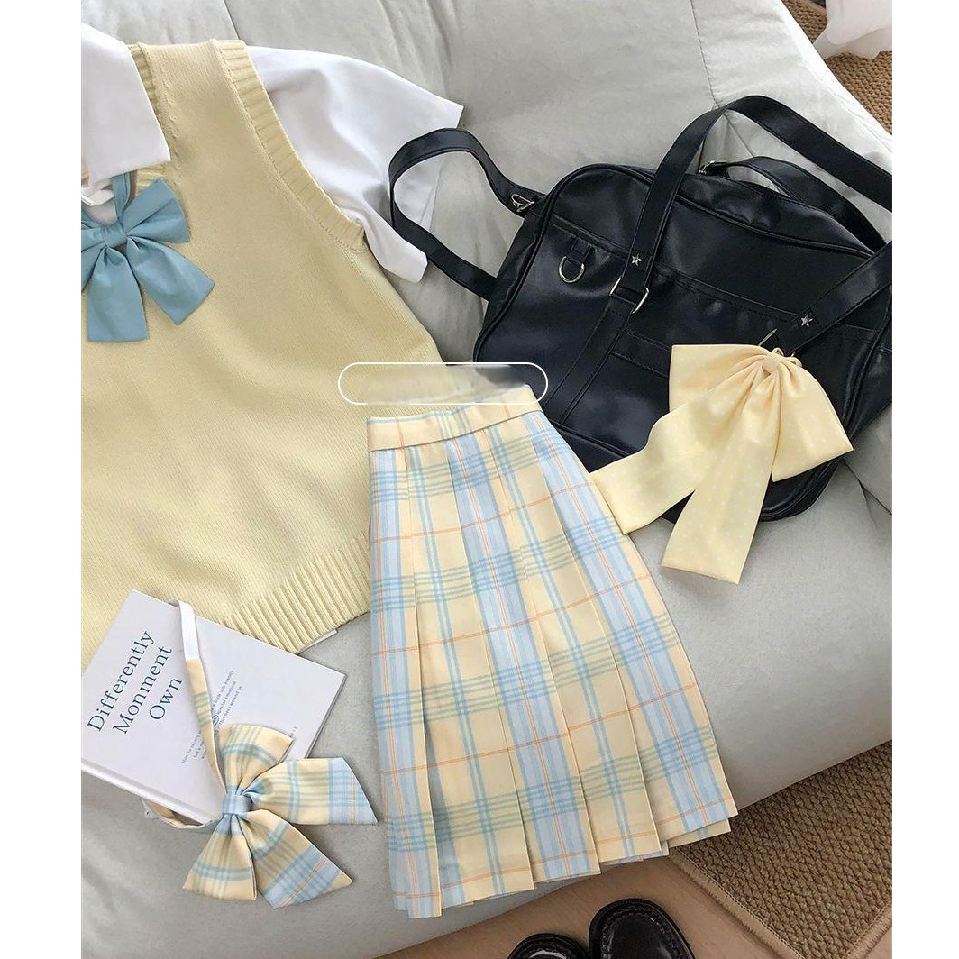 柚月日系JK制服针织衫甜美马甲背心毛衣学院风上衣jk格裙四件套