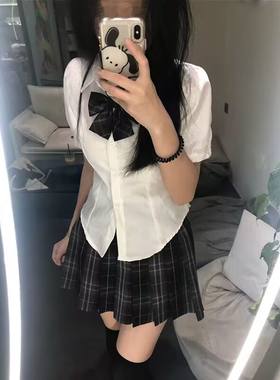 两件套单件学院风jk制服女短袖收腰后绑带衬衫领结烟灰色百褶裙