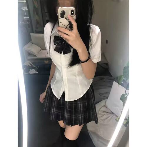 两件套单件学院风jk制服女短袖收腰后绑带衬衫领结烟灰色百褶裙