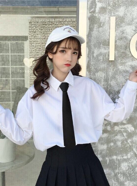 秋冬韩版学院风百搭休闲长袖白衬衫女宽松学生白衬衣bf上衣女领带