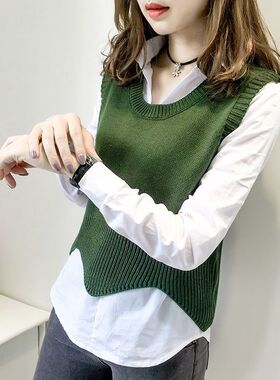 马甲背心外套女2021春秋款韩版V领白衬衣百搭无袖坎肩针织毛衣潮