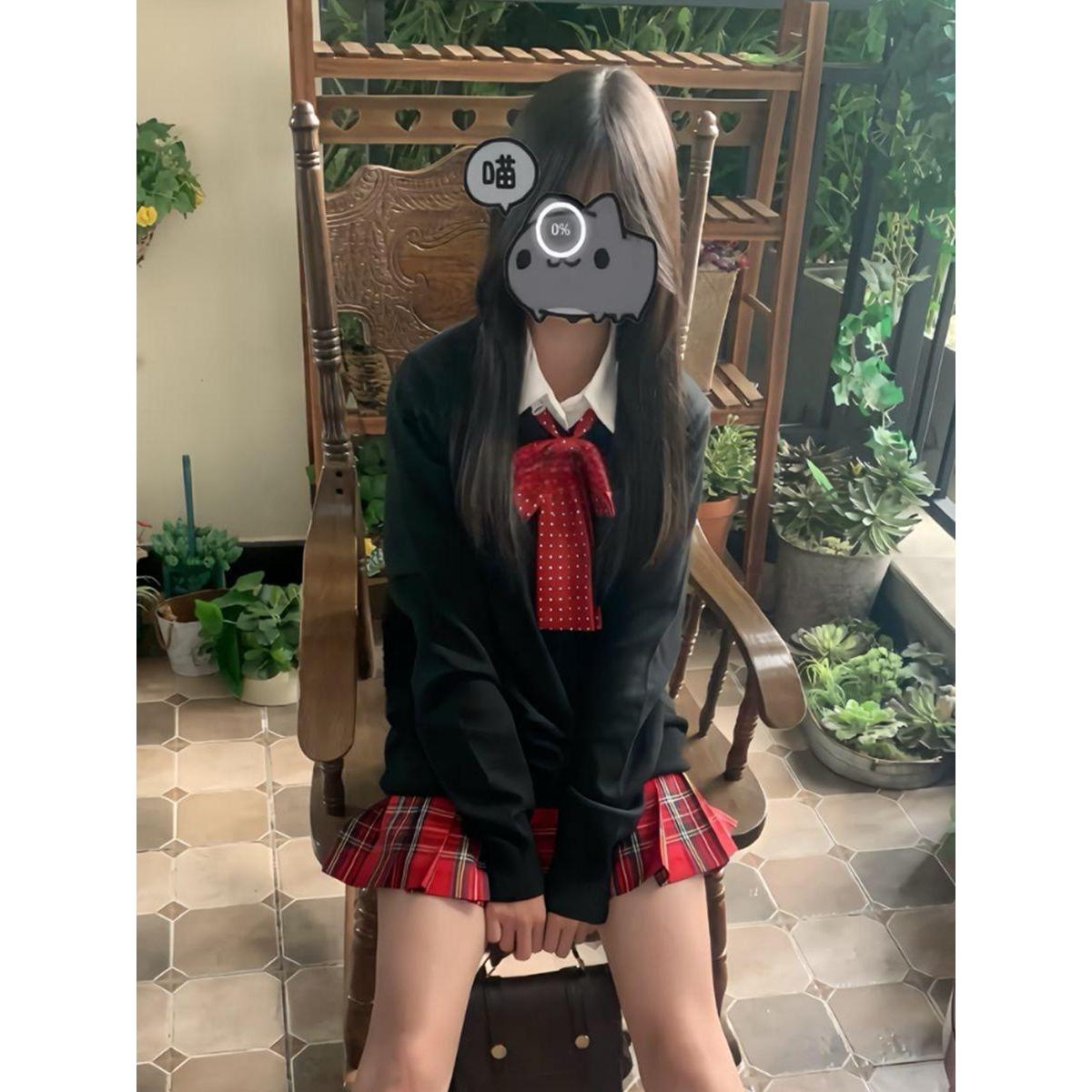 穿搭JK制服v领宽松针织衫毛衣女纯欲风小辣椒格裙校供感四件套