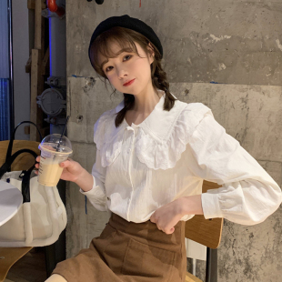 甜美减龄长袖 设计感小众2021新款 上衣服潮 女春秋季 白色娃娃领衬衫