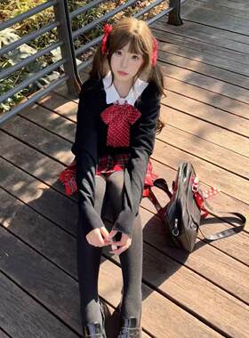 四件套校供感V领套头宽松黑色针织衫JK制服小辣椒短裙格裙套装