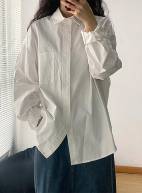 2023春秋法式白色长袖衬衫女高级感宽松显瘦百搭中长款港风衬衣潮