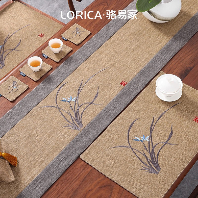 骆易家禅意防水茶席兰花刺绣桌旗