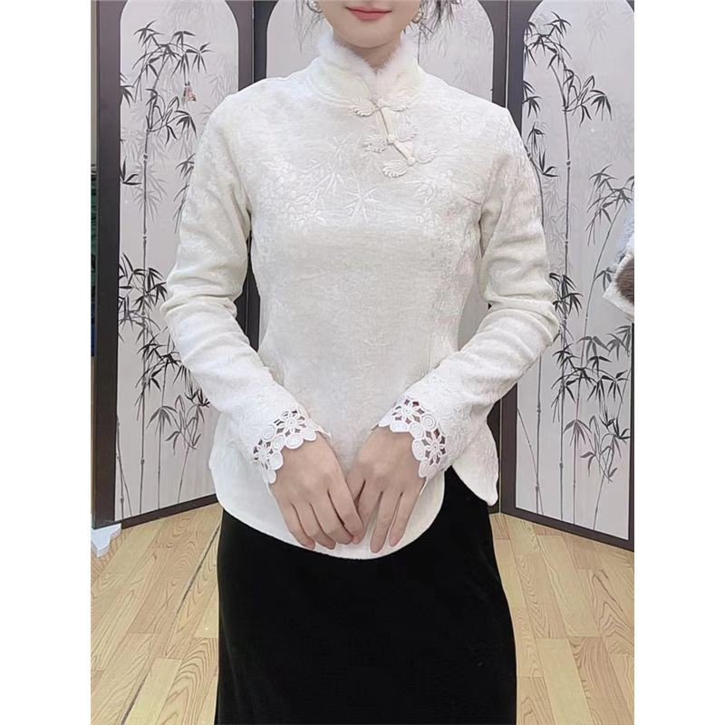 加绒打底小衫女秋冬洋气新中式卫衣女冬加厚R旗袍领气质长袖上衣