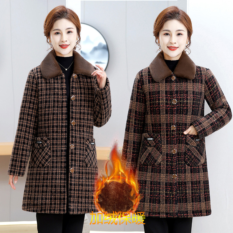 妈妈冬装外套加绒加厚格子棉衣中长款中老年奶奶装水貂绒毛呢大衣