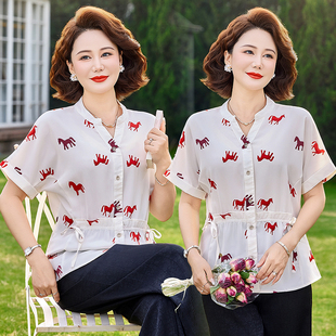 妈妈夏装短袖t恤套装阔腿裤子中老年女装阔太太雪纺衫上衣两件套