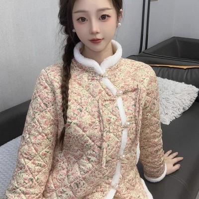 中式新款网红棉衣外套冬季国风保暖加绒棉服妈妈复古加厚碎花棉袄