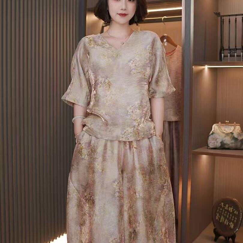 新中式国风两件套女夏季新款大码中袖系扣衬衫阔腿裤高级感套装潮