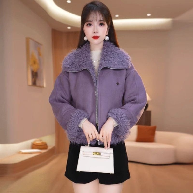 粉紫色羊羔毛麂皮绒外套女冬季韩系短款加厚减龄保暖棉服皮毛一体,女装/女士精品,短外套,淘宝优惠券,粉丝福利购,淘宝优惠卷