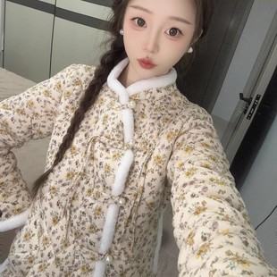 新款冬季珍珠斜扣碎花棉袄东北网红保暖棉衣外套女装加厚复古棉服