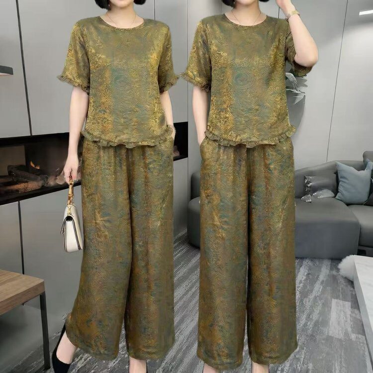 时尚妈妈宽松香云纱上衣大码套装女夏季新款洋气阔腿裤两件套