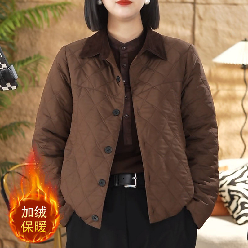 秋冬轻薄款棉衣加绒时尚衬衫领上衣女显瘦打格菱格女棉衣气质外套